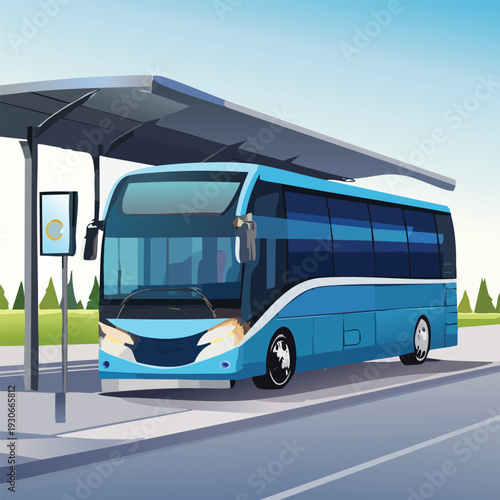 Modern blue bus at a public transportation stop