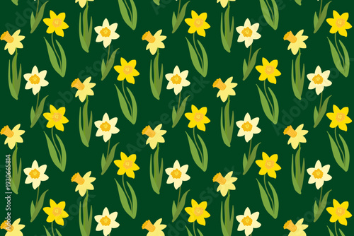 A high-quality seamless vector illustration featuring hand-drawn yellow and white narcissus flowers with green leaves on a dark emerald background.