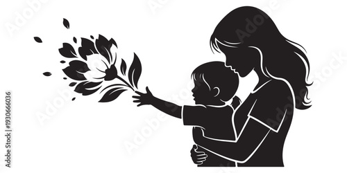 Black line art woman child flower open petals wonder motherhood love vector art