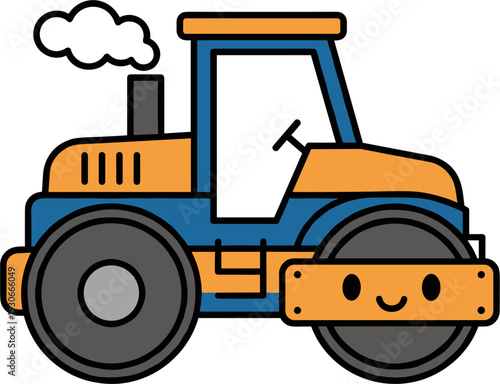 Cute Orange And Blue 2D Vector Steamroller Toy With A Smiling Face And Smoke