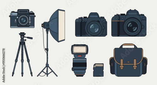 photography equipment set with camera bag tripod and lighting.