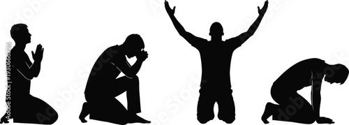 Praying and worship silhouette set of kneeling people in spiritual poses isolated on white background, faith, prayer, devotion concept