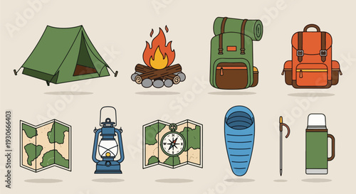 Camping Gear Icons Set for Outdoor Adventure.