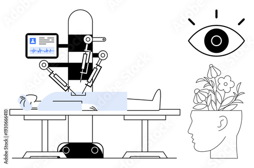 Robotic arm operates on a patient, alongside visuals of an eye and a head blossoming with flowers. Ideal for technology, innovation, healthcare, artificial intelligence, surgery, mindfulness