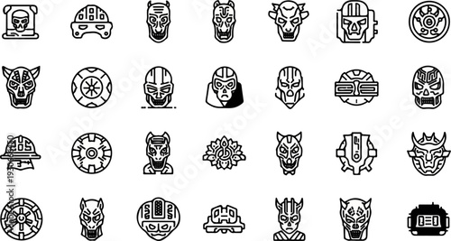Collection of various stylized masks, skulls, and mechanical helmets, detailed in black outline