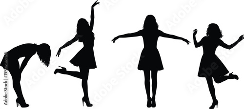 Elegant dancing woman silhouettes in expressive poses, black female figures wearing heels isolated on white background for stock illustration art