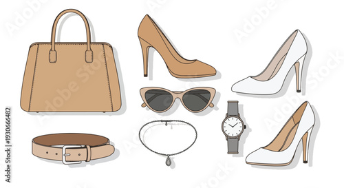 Women's fashion accessories set beige white high heels handbag belt.