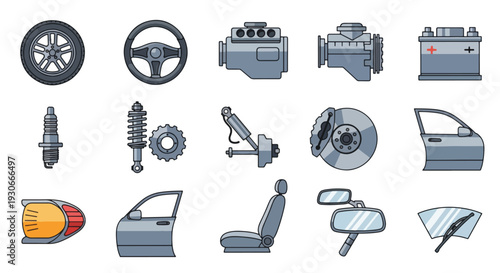 car parts collection automobile components vehicle accessories.