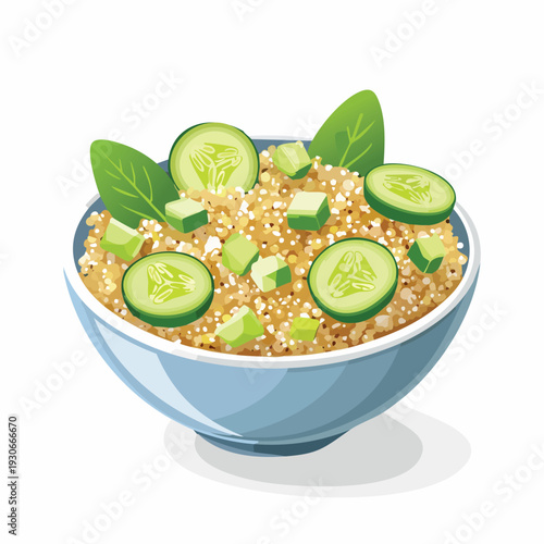 Healthy quinoa salad with cucumber and spinach in bowl