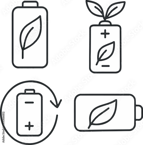 Eco Battery and Renewable Energy Line Icons Set – Green Power, Sustainable Charging, Leaf Symbol Outline Vector for App, UI and Logo Design