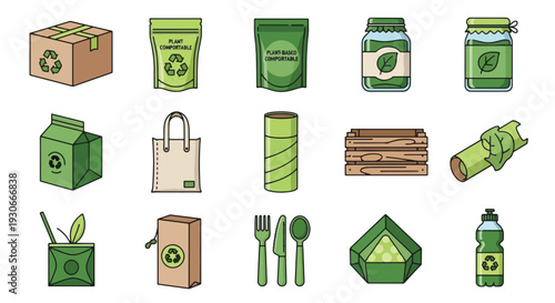 Eco-friendly products set green packaging icons.