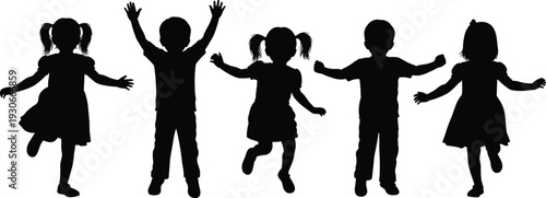 Joyful group of happy children jumping together in black silhouette, arms raised high, celebrating childhood freedom, playtime energy, and pure fun outdoors.