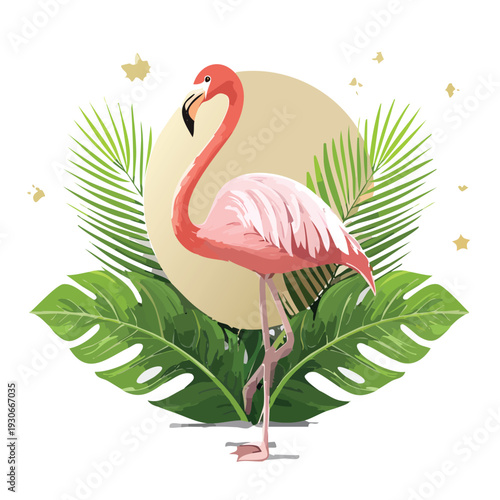 Pink flamingo illustration with tropical leaves and golden accents