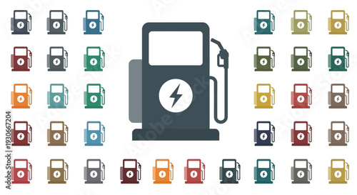 Gas station icon with electric charging symbol surrounded by various colored fuel pump icons on an isolated white background.