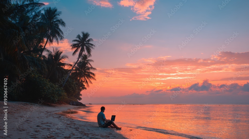 Fototapeta premium Remote worker using laptop on beach during tropical sunset, enjoying freedom
