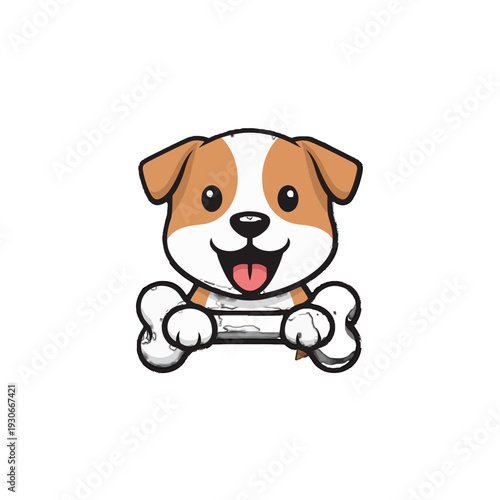 Cute happy cartoon dog character holding a bone on an isolated white background.