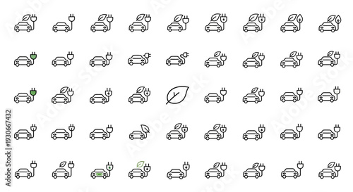 Set of eco-friendly electric car vehicle line icons with leaf and charging symbols arranged in a grid pattern on an isolated white background.