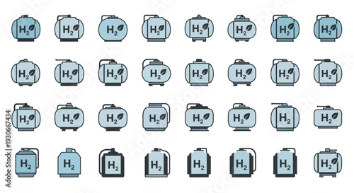 Set of hydrogen H2 fuel cell energy storage line icons arranged in a grid pattern on an isolated white background.
