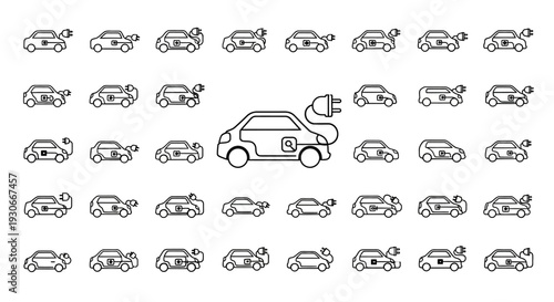 Set of electric car vehicle line icons with charging symbols arranged in a grid pattern on an isolated white background.
