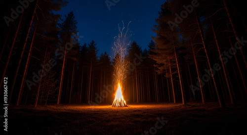 Eerie Walpurgis Night Bonfire Illuminates a Secluded Forest Clearing with Tall Trees