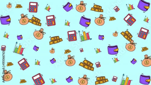 Financial icons with calculators, wallets, gold bars, and charts. Ideal for financerelated websites, presentations, infographics, or marketing materials.