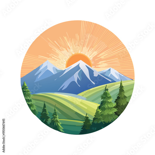 Mountain landscape illustration of sun rising over rolling hills
