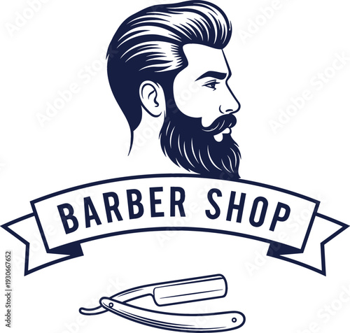 Vintage Barber Shop Logo with Bearded Man Profile and Straight Razor Illustration for Grooming Salon Branding, Haircut Services, and Classic Retro Design