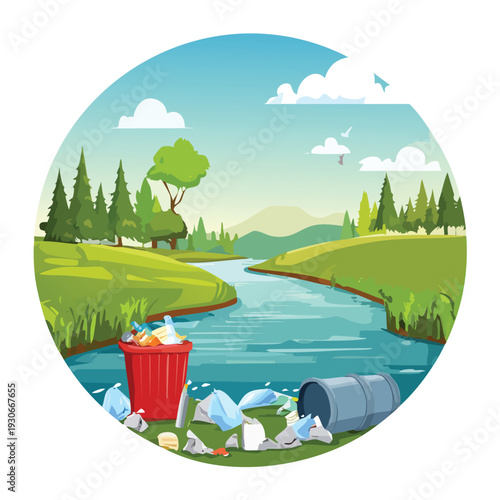 Pollution of a river with garbage and waste materials outdoors