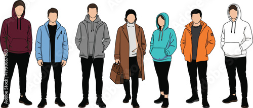 Vector illustration of seven people in jackets hoodies coats outerwear fashion styles colorful winter clothing design concept artwork, flavector
