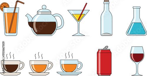 Beverage and drink icons set with tea coffee cocktail wine soda glass bottle and laboratory flask vector illustration