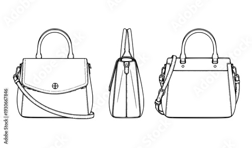Women’s Designer Bag Technical Flat Sketch Vector Mockup Front, Side, Back