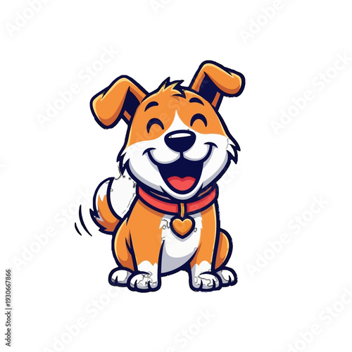 Very Happy Energetic Dog Wagging Tail with Open Mouth and Heart Collar on Isolated White Background