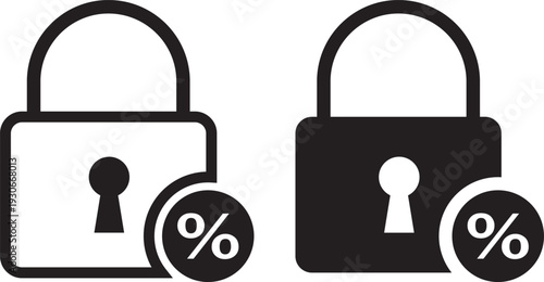 Fixed interest rate icon. Home equity loan symbols. Banking and credit union signs. Fixed interest rate concept icon with a black padlock and percentage symbol for financial security. Financial Securi