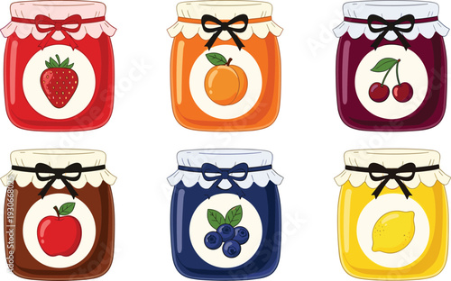Homemade fruit jam jars collection with strawberry orange cherry blueberry apple and lemon preserve vector illustration set
