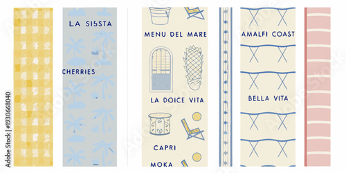 Colorful illustrated panels depicting italian themes and summer motifs