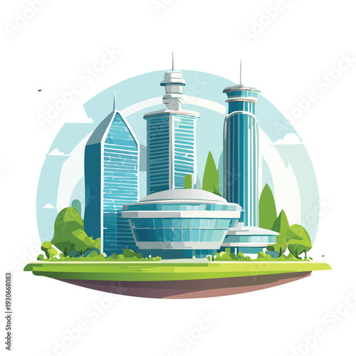 Modern city skyline illustration with futuristic architecture and green space