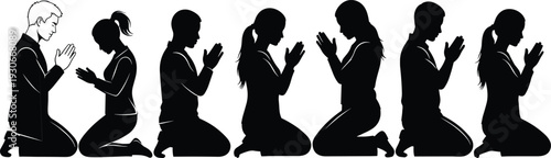 Group of people praying silhouettes kneeling in worship isolated on white background, spiritual devotion, faith and religion concept illustration
