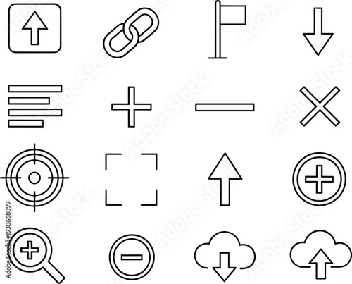 User Interface Outline Icon Set with Arrows, Link, Target, Zoom, Upload, Download, Plus, Minus, and Navigation Symbols for Web and App Design