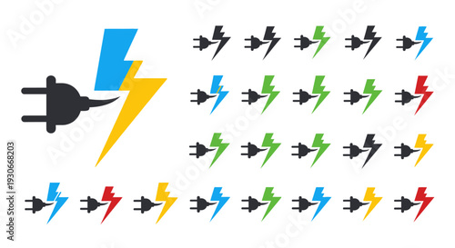 Electric Plug and Lightning Bolt Power Icons Set in Various Colors on Isolated White Background