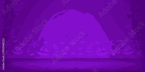 A monochromatic purple scene depicting sailboats and underwater life