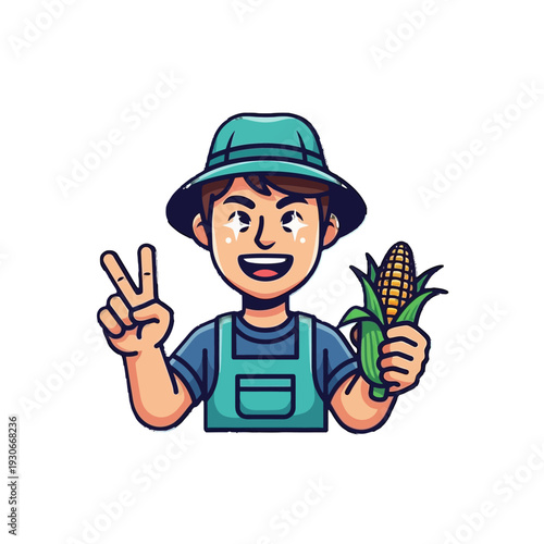 Happy Male Farmer Holding Corn and Making Peace Sign in Hat and Overalls on Isolated White Background