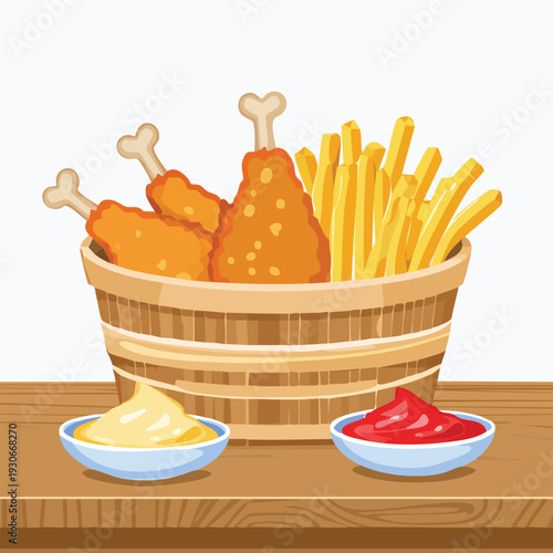 Fried chicken and fries with condiments in wooden basket