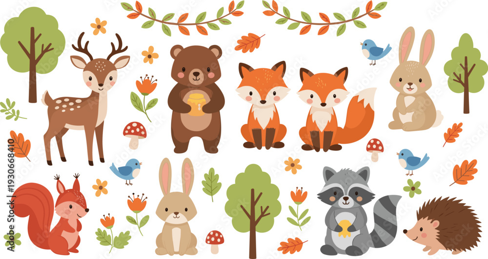 Fototapeta premium Cute woodland animals collection with deer bear fox rabbit raccoon hedgehog and forest elements cartoon vector set