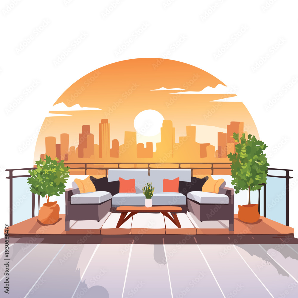 Fototapeta premium Modern terrace with cityscape view at sunset