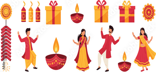 Diwali Festival Celebration Vector Set with People Dancing Diyas Firecrackers Gifts and Traditional Indian Decorative Elements for Holiday Design
