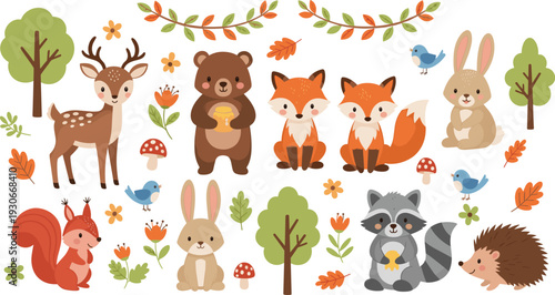 Cute woodland animals collection with deer bear fox rabbit raccoon hedgehog and forest elements cartoon vector set