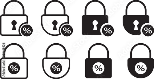 Fixed interest rate icon. Home equity loan symbols. Banking and credit union signs. Fixed interest rate concept icon with a black padlock and percentage symbol for financial security. Financial Securi