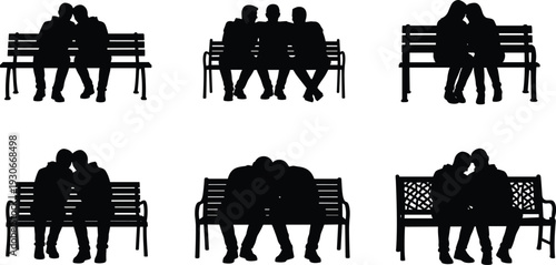 Couple silhouettes sitting on park benches in romantic and relaxed poses isolated on white background for love and relationship concept