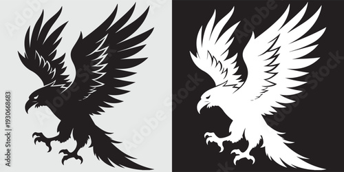 Eagle wings spread power flight predator bird black white vector illustration