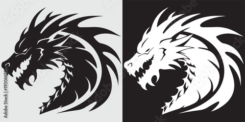 Fierce black and white dragon heads roaring vector illustration flat design